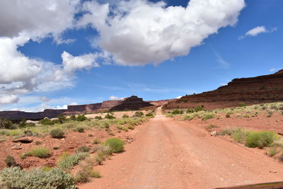 Dirt road amidst landscape against sky