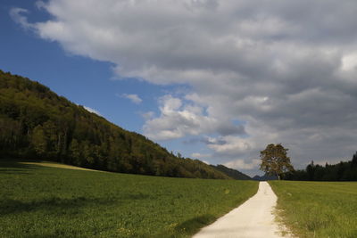 Scenic view of road amidst field against sky