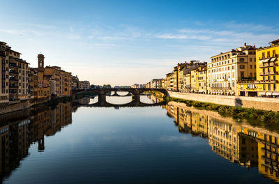 Bridge over river by buildings against sky in city