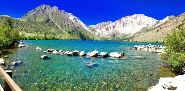 Scenic view of lake against clear blue sky