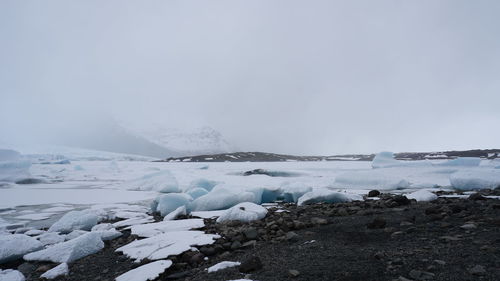 Snow covered landscape against sky