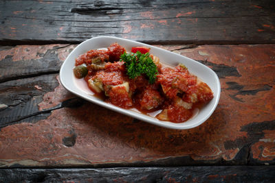 High angle view of meal served in bowl