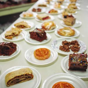 High angle view of fresh food in plates on table