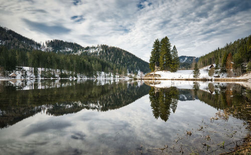 Reflection of trees in lake against sky
