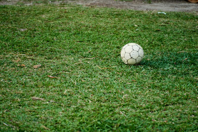 High angle view of soccer ball on field