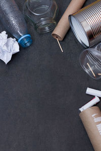 High angle view of bottles on table