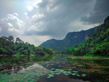 Scenic view of lake and mountains against sky