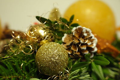 Close-up of christmas ornaments on plant