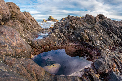 Rock formations on shore against sky