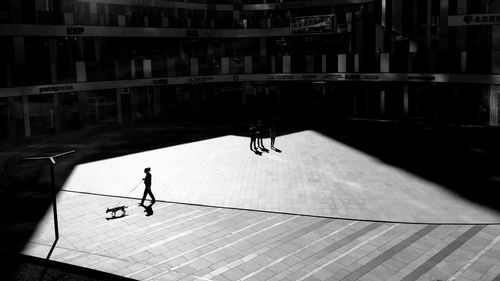 High angle view of silhouette people walking on road
