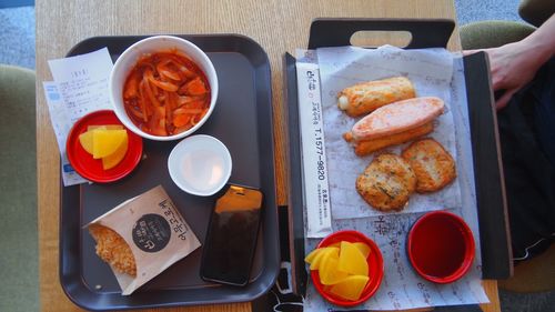 High angle view of breakfast on table