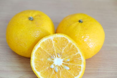 Close-up of lemon on table