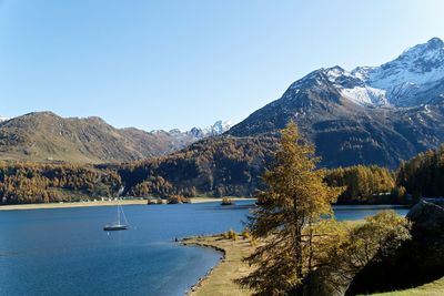 Scenic view of lake by mountains against clear sky