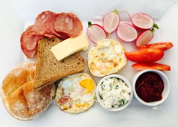 High angle view of various food in plate