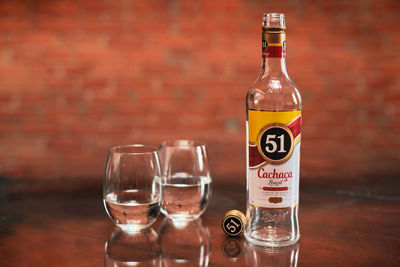 Close-up of wine glasses on table