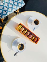 High angle view of coffee cup on table