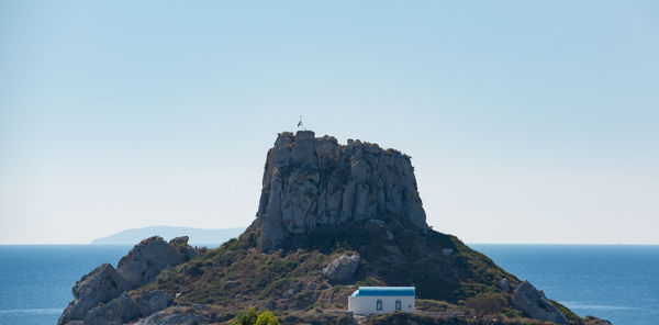 Blue white church on the small island of agios stefanos kefalos kos greece