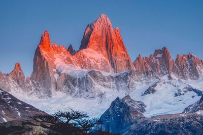 Scenic view of snowcapped mountains against clear sky