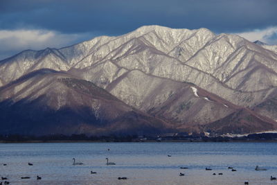 Scenic view of lake and mountains against sky