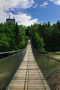 Footbridge amidst trees in forest against sky