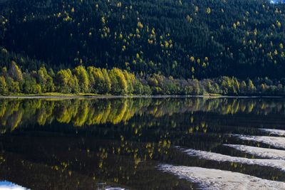 Scenic view of calm lake against mountain range