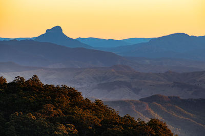 Scenic view of mountains against clear sky during sunset