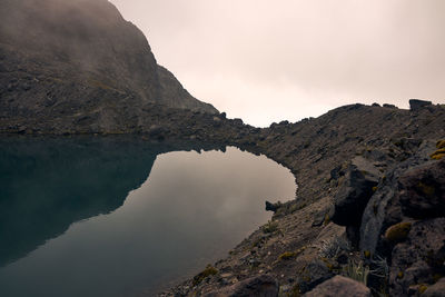 Scenic view of mountain lake against sky