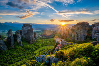 Sunset over monasteries of meteora, greece