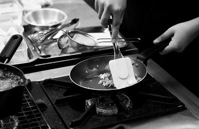 High angle view of person preparing food in kitchen