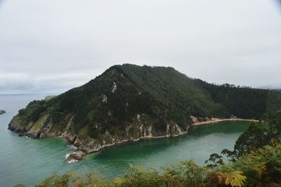 Scenic view of sea and mountains against sky