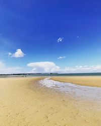 Scenic view of beach against blue sky