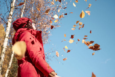 A woman in a red jacket throws yellow leaves. autumn landscape. slow motion video.