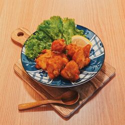 High angle view of food in plate on table