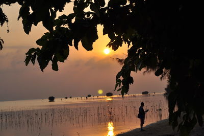 Silhouette people on beach against sky during sunset