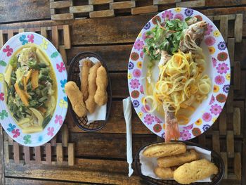High angle view of breakfast served on table