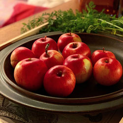 High angle view of red apples om a tray 