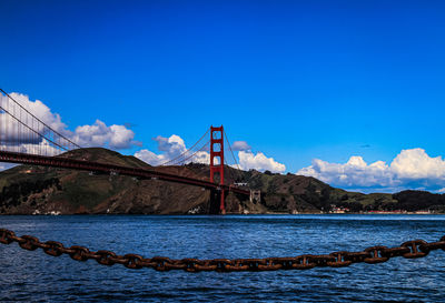 Bridge over bay against blue sky