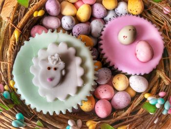 High angle view of  easter cupcakes on table