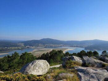 Scenic view of mountains against clear blue sky