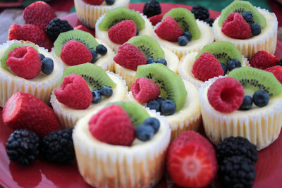 High angle view of small cheesecakes with fruits