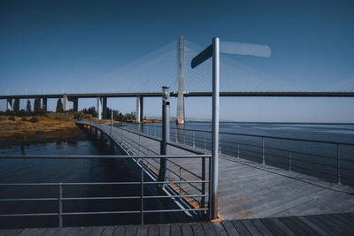 Vasco da gama bridge over river against clear blue sky lisbon portugal 