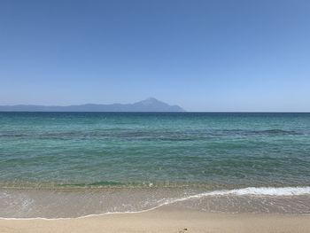 Scenic view of sea against clear blue sky