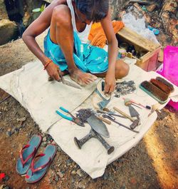 High angle view of shoemaker working