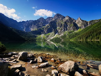 Scenic view of lake by mountains against sky