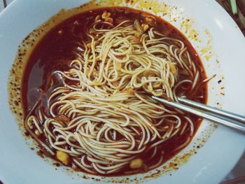 Directly above shot of noodles in bowl on table