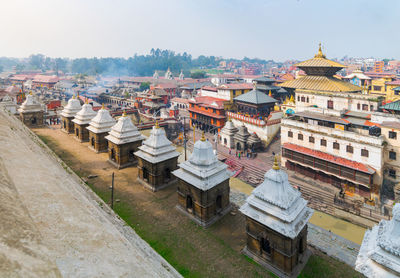 High angle view of buildings against sky