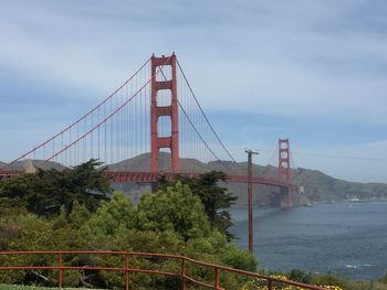 View of suspension bridge against cloudy sky