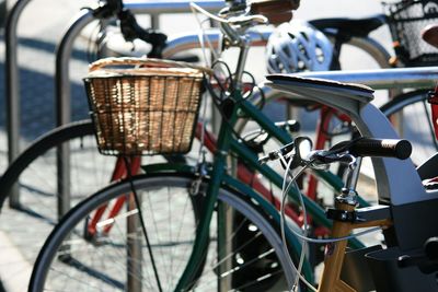 Close-up of parked bicycles