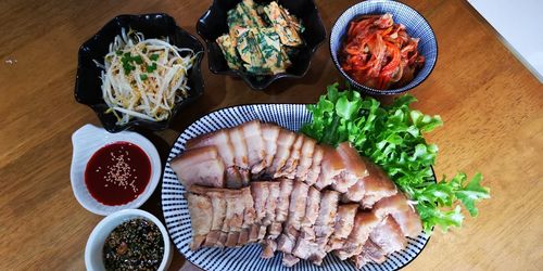 High angle view of food served on table