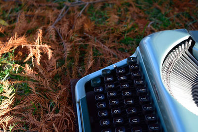 Close-up of typewriter on plants